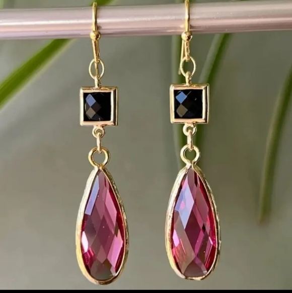 Goldtone and Pink Drop Earrings - Picture 2 of 9